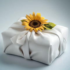 Poster - Gift wrapped in white fabric with sunflower decoration, elegant and cheerful, perfect for special occasions