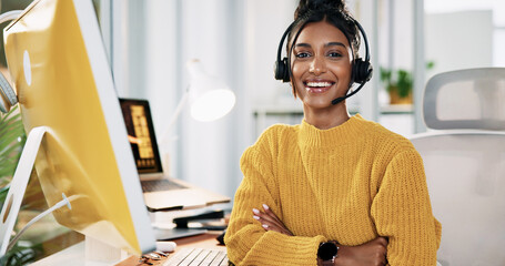 Aufkleber - Call center, agent and woman with headset, arms crossed and confident for customer service and smile. Business, representative and person with pride for sales, communication and portrait in India