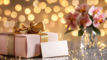 Poster - Blush velvet gift box with gold ribbon, blank card, fairy lights, and orchid flowers create festive mood