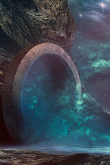 Wall Mural - fantasy landscape, round stone portal, neon glow, sunset, fog, reflection in water.