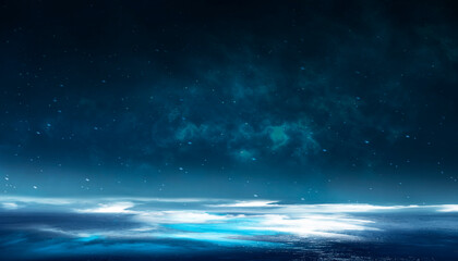 Wall Mural - fantasy landscape, round stone portal, neon glow, sunset, fog, reflection in water.