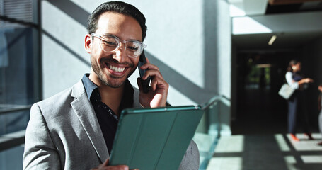Poster - Happy, businessman or tablet with phone call in office building for communication or online report. Man, employee or financial advisor with smile on mobile smartphone or technology for chat or advice