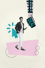 Poster - Pop banner collage of person stand near hand hold deal phone on pastel background