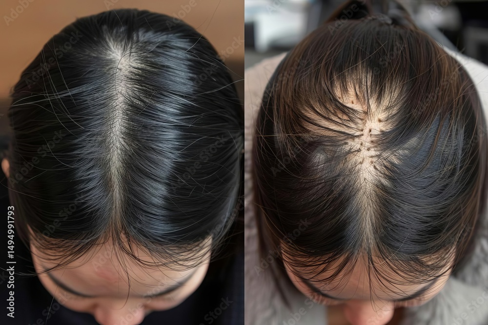 A split image showing the crown of a head of hair. Left fuller, darker