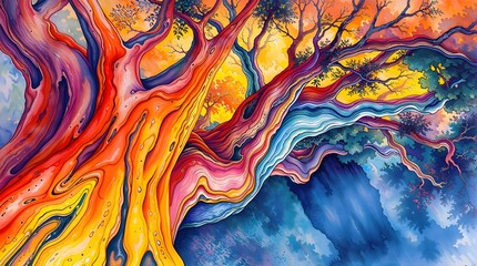 Wall Mural - Vibrant, swirling colors create an abstract depiction of a tree with fiery hues and flowing branches. Rich reds, oranges, and blues blend with imaginative fluidity, forming a dynamic scene 