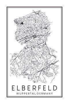 Hand drawn printable downtown road map poster of borough ELBERFELD of the German city of WUPPERTAL on solid white background with city name