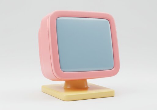 3D Illustration of Retro style monitor with pink frame and yellow base isolated on white background