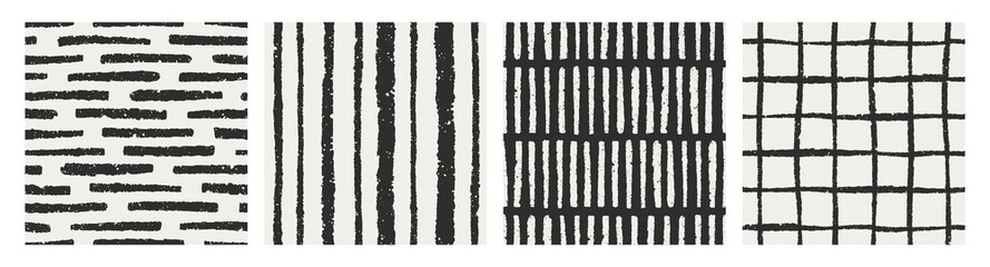 Fototapete - Seamless abstract patterns set. Freehand lines, scribble stripes, grid, doodle textures, black and white design. Modern endless background, print for textile, wrapping. Hand-drawn vector illustrations