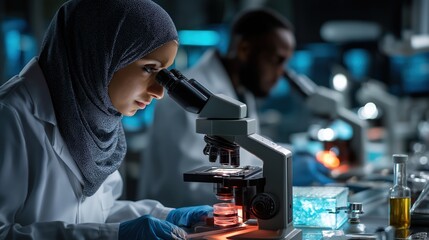 Poster - Medical scientists working with microscopes in laboratory
