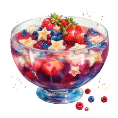 Poster - Delicious watercolor painting of a festive berry dessert in a glass bowl with star shaped decorations red blueberries strawberries raspberries summertime sweet treat art food on transparent background