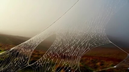 Dew-kissed spiderweb shimmering on foggy moorland, glistening droplets decorating delicate silk threads in the ethereal light of dawn.