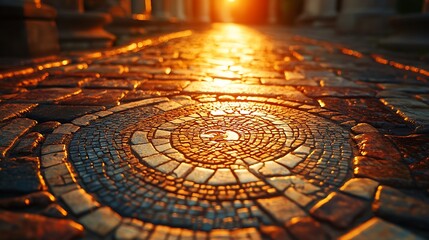 Poster - Golden sunset illuminating ancient cobblestone pathway with intricate mosaic design