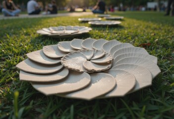 Poster - Artistic arrangement of ceramic plates resembling a spiral on grass