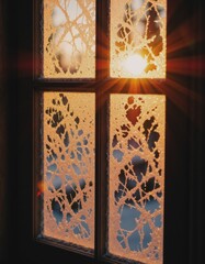 Poster - Frosted window with intricate patterns illuminated by the sunset