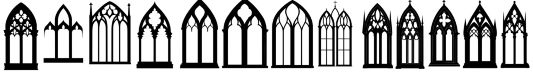 Poster - the black silhouette of a gothic church window is set amidst a modern arrangement, featuring a stain