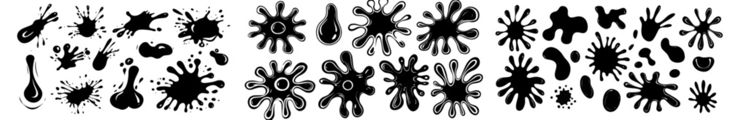 a collection of water drops and splashes in silhouette form, presented in a simple doodle style, fea