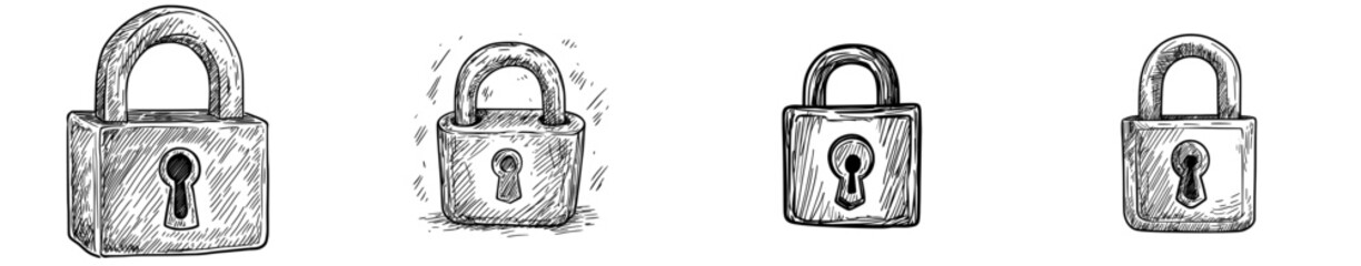Poster - a hand drawn icon of a lock is available as a doodle, outlined with a simple line clipart symbol