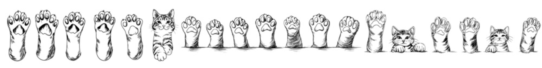 Poster - a hand-drawn icon set featuring cute cats' paws, outlined in a doodle style, is available as a line 