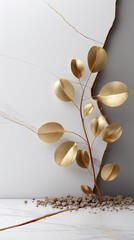 Poster - Golden leaves rest on a white cracked surface, illuminated by soft shadows and studio lighting, capturing a serene minimalist aesthetic
