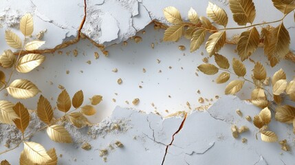 Poster - Golden leaves rest on a white cracked surface, illuminated by soft shadows and studio lighting, capturing a serene minimalist aesthetic