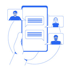 Poster - group chat line onboarding ui illustration. hand holding smartphone with messaging app. online colla
