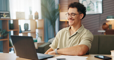 Aufkleber - Man, laptop and happy in home for email, personal finances and startup expenses with documents. Entrepreneur, tech and paperwork in lounge for small business management, invoice or smile for savings