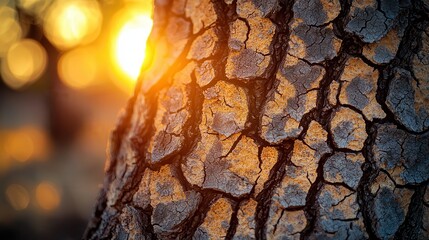 Joshua tree silhouettes cast across weathered bark texture in macro close-up with golden desert sunrise light filtering through creating natural shadows in photorealistic detail