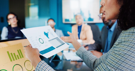 Aufkleber - Business woman, hands and meeting with documents for company statistics, report or review at conference. Female person, paperwork or discussion with team for analytics, data or performance at office