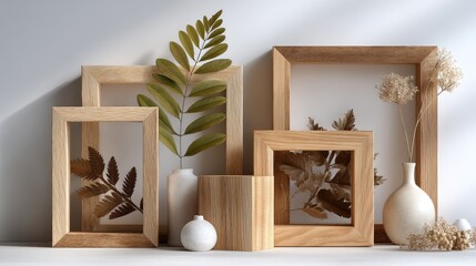 Poster - Four blank wooden frames are displayed on a white wall, accented by a plant in a vase that enhances the minimalist atmosphere