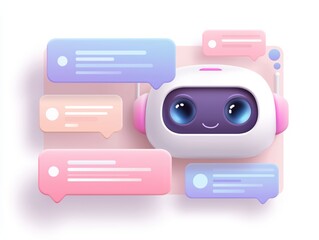 Poster - Flat vector chatbot conversation interface with friendly avatar, pastel color style, white background