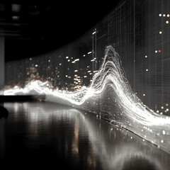 Poster - Illuminated data stream visualization with glowing particles and reflective surface in dark room