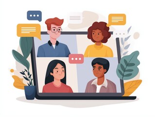 Poster - Flat vector video conference interface with avatars, communication theme, white background