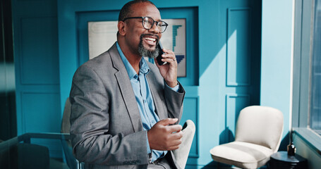 Poster - Office, black man and thinking with phone call for talking, negotiation and consulting for finance. Business, mature person and financial advisor with laugh for mobile, investment idea and discussion