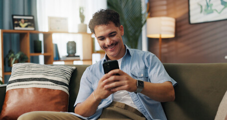 Aufkleber - Relax, smile and man on smartphone on sofa for communication, chat or reading message. Home, online and happy person on internet for texting, social media and browsing website to download application