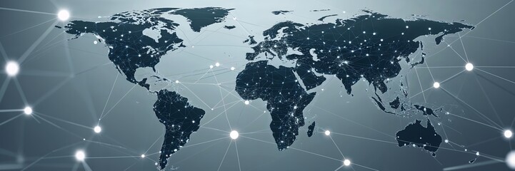 Poster - Global network connections visualized through a dark world map with glowing nodes and lines representing data flow
