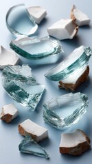 Poster - Fragmented glass scattered on a white surface shows detailed cracks and textures, creating a striking visual composition of realism