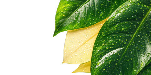 Wall Mural - close-up of green and yellow leaves with water droplets. nature's freshness and vitality isolated on