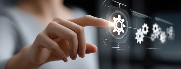 Poster - A hand interacts with a digital interface featuring AI icons on a dark background, emphasizing advanced technology and innovation