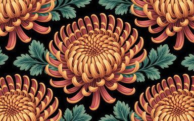 Poster - Seamless Pattern of Chrysanthemum Flowers on a Black Backdrop for Textile Design