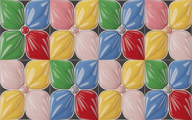 Poster - Geometric Tile Pattern with Stylized Flowers for Decorative Wall and Floor Designs