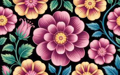 Poster - Floral Pattern with Pink and Yellow Flowers A Vibrant Botanical Design on Black
