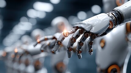Poster - Robotic arms optimize production processes in a factory setting, enhancing efficiency and precision against a blue-lit background