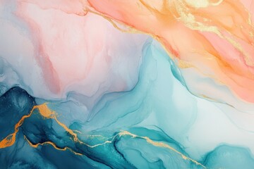 Poster - Elegant abstract background in peach, blue, with gold accents and fluid design. It's ideal for backgrounds, social media, or sophisticated branding visuals.