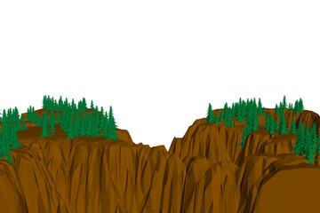 Poster - A mountain range with trees on it. The trees are green and the mountain is brown. The sky is white