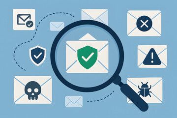 Poster - Email Security Analysis: Digital scrutiny of the messages on screen for safe conduct. A magnifying glass over the mail icon. Showing a careful selection of trusted content.