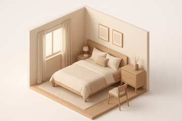 Poster - Minimalist Bedroom Interior: A cozy and inviting bedroom, rendered in a minimalist style, features a bed, a nightstand, a lamp, a chair, and two framed pictures.