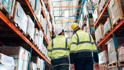 Poster - Below, back and people at distribution warehouse for shipping, logistics and delivery team. Inspection, inventory management and employees at plant for stock check, quality assurance and freight