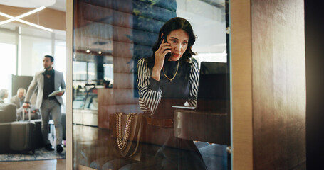 Poster - Laptop, lobby and phone call with business woman in pod at hotel for communication or update. Computer, conversation and hybrid work with mature employee in cubicle for accounting or finance feedback