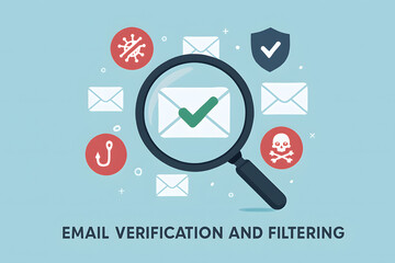 Poster - Email Verification & Filtering: Magnifying the digital realm, a clear image of email security in the form of icons with a magnifying glass.