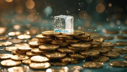 Poster - Ice cube sits atop a pile of coins reflecting light in a dynamic setting with droplets